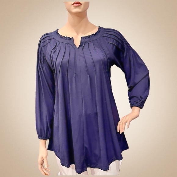 Reborn Pin-Tuck Tunic Size 1X Navy Blue Long Sleeves Shirttail, Notched Neck NWT - Picture 13 of 15